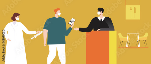 Vaccination for visiting restaurant, QR code, flat vector stock illustration with QR health passport and doctor vaccinating