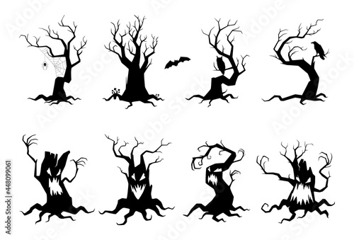 Set simple spooky silhouettes tree vector flat illustration monochrome evil curled plants