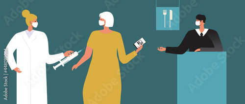 Vaccination station, restaurant for vaccinated, Flat vector stock illustration with Syringe with vaccine and QR health passport for visiting restaurant
