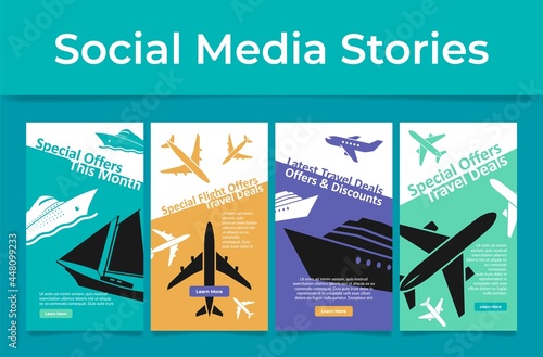 Travel special offer poster social media set vector flat illustration sea cruise and aircraft flight