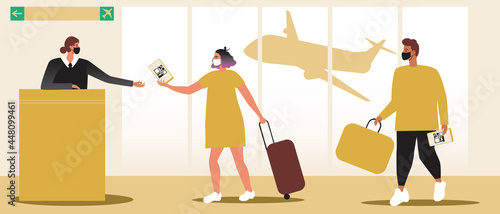 Queue at the airport, travel with QR code, Flat vector stock illustration with Boarding a plane with health passport and QR code for vaccinated