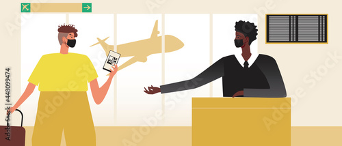 Vaccinated Passenger Traveling with QR Code, Flat Vector Stock Illustration with Boarding an Airplane with Health Passport