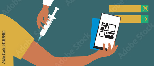Vaccination at the airport, QR code as a health passport, Flat vector stock illustration with the hand of a vaccinated passenger and a syringe with a vaccine