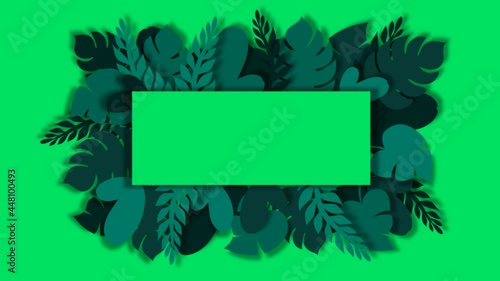 Tropical palm leaves motion graphics rectangle frame template on green screen. Summer trendy floral cartoon animation made in paper cut out style. Wildlife concept.