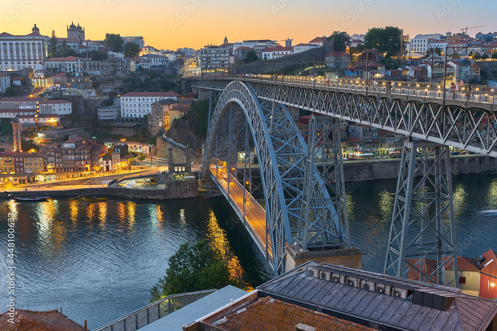 Aerial view of Louis I Bridge on Duoro River, Porto, Portugal 