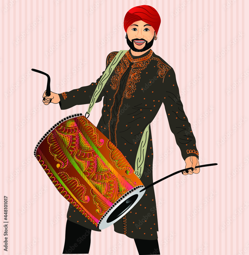 Indian Wedding Colour Illustration Of Dhol (drum) Player. Indian 