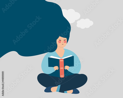 Intellectual happy woman sits and holds a book. Girl reads the book with happiness. Mental health disorder, lifestyle, Joy of being missing out and book therapy session Concept. Vector illustration.