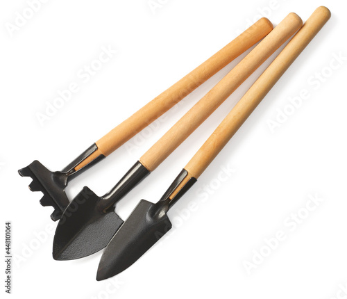 Gardening tools isolated on white background, top view
