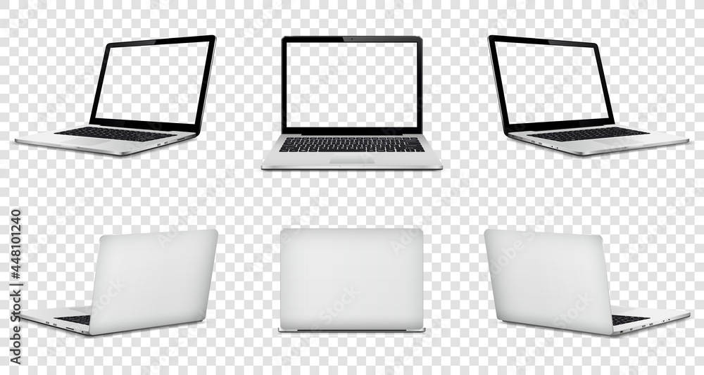 Laptop with transparent screen on transparent background. Perspective, top, front and back laptop view with transparent screen.