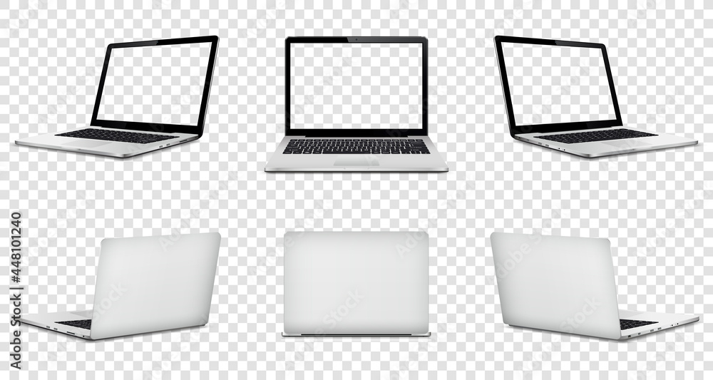 Laptop with transparent screen on transparent background. Perspective, top, front and back laptop view with transparent screen. Laptop with transparent screen on transparent background. Perspective, top, front and back laptop view with transparent screen.