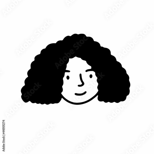 Doodle girl face. Hand-drawn outline human isolated on white background. Funny minimalistic Avatar. Cartoon curly woman. Female portrait. Beautiful bob hairstyle, positive emotion. Vector illustration