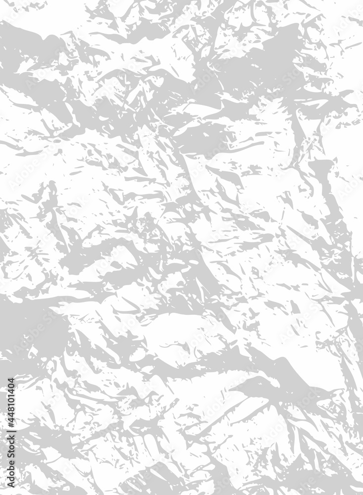 Abstract vector grunge neutral illustration. Crumpled paper effect. White and grey background. Random stains, drops, spots, ink print. Messy handcrafted texture banner. Chaotic monochrome brush stroke