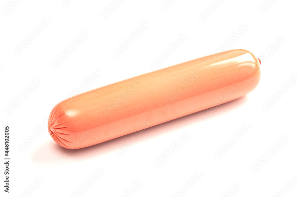 A delicious kind of sausage to attract shoppers to a restaurant, grocery store, or a creative barbecue idea. Meat sausage one, sausage isolated on white background. Full depth of field.