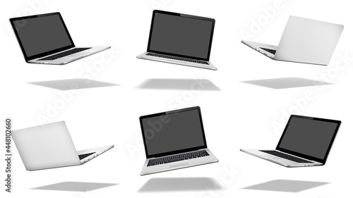 Flying laptop mock up with blank empty screen with shadow