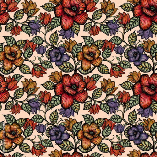 Seamless pattern hand drawn blooming flower.