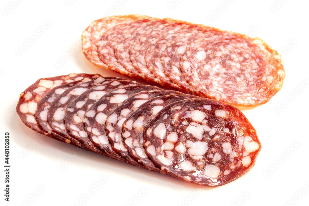 Sliced sausage isolated on a white background.food concept Sliced sausage isolated on a white background.food concept