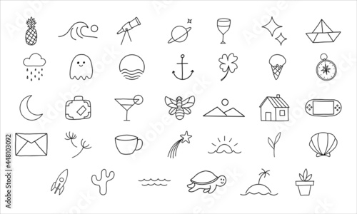 set of playful icon illustrations. collection of simple and minimalist icons in outline style. icon illustration of travel and adventure pack.