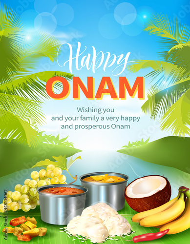 Happy Onam background with traditional food (sadya) served on banana leaf for South India harvest festival. Vector illustration.