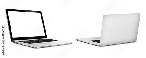 Laptop front and back side mockup isolated on white