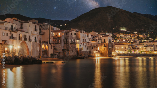 Cefalù by night. litttle town in sicily near Palermo. Travel concept.