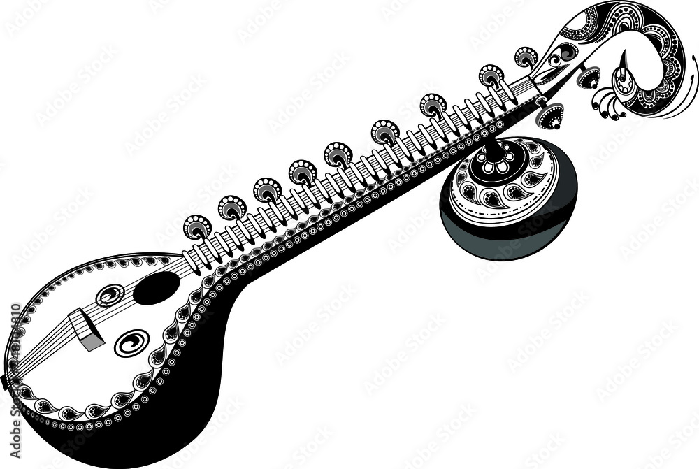 Artistic line drawing of Indian Classical Music Instrument Sitar with fine  design peacock head illustration - Vector. Indian wedding clip art of Music instrument  sitar with creative designs. vector de Stock
