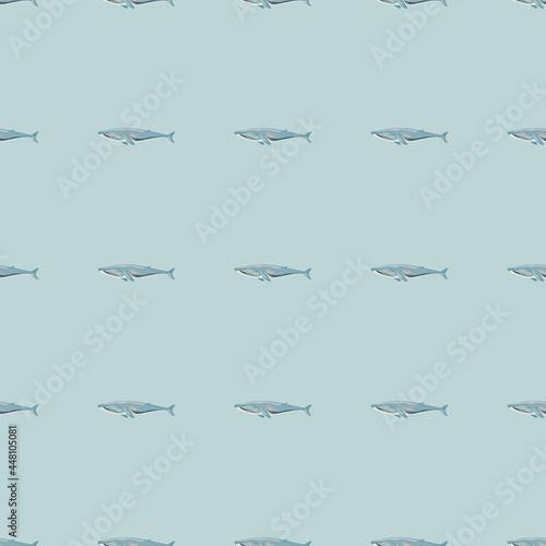 Seamless pattern Fin whale on blue background. Template of cartoon character of ocean for fabric.