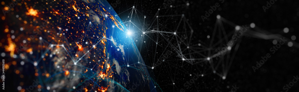 Communication technology for internet business. Global world network and telecommunication on earth cryptocurrency and blockchain and IoT. Elements of this image furnished by NASA
