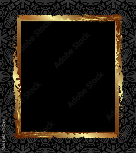 Square gold antique frame on a black background with gray ornaments for decoration of congratulations or packaging. Abstract design in deco style from a gold frame on a black background.Black and gold