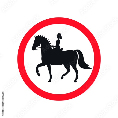 Vector horse riding silhouette in red circle sign isolated on white background