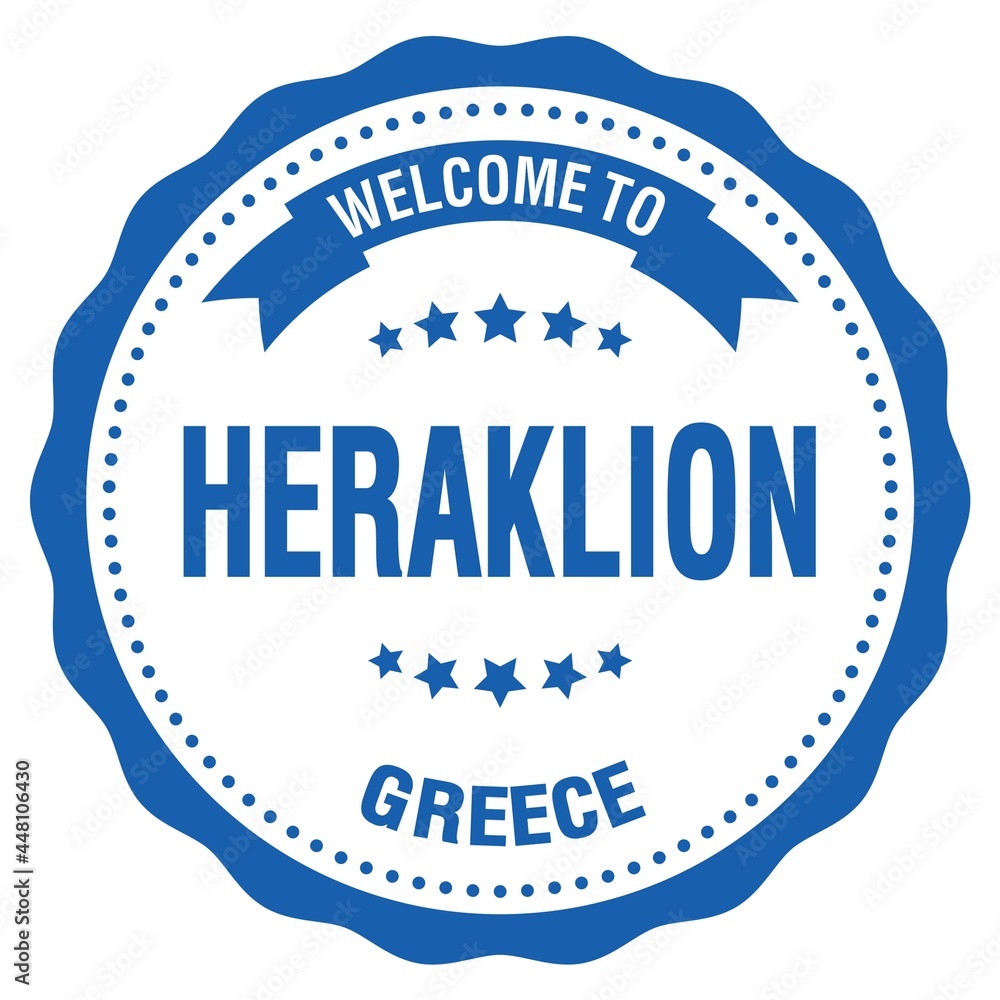 WELCOME TO HERAKLION - GREECE, words written on greek blue stamp WELCOME TO HERAKLION - GREECE, words written on greek blue stamp