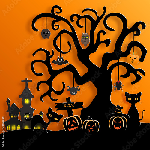 Vector paper cut for silhouette Halloween night with cute cartoon of black cat, bat, owl and spider hanging from tree near cemetery and tombstone and pumpkin devil with black castle under candlelight.