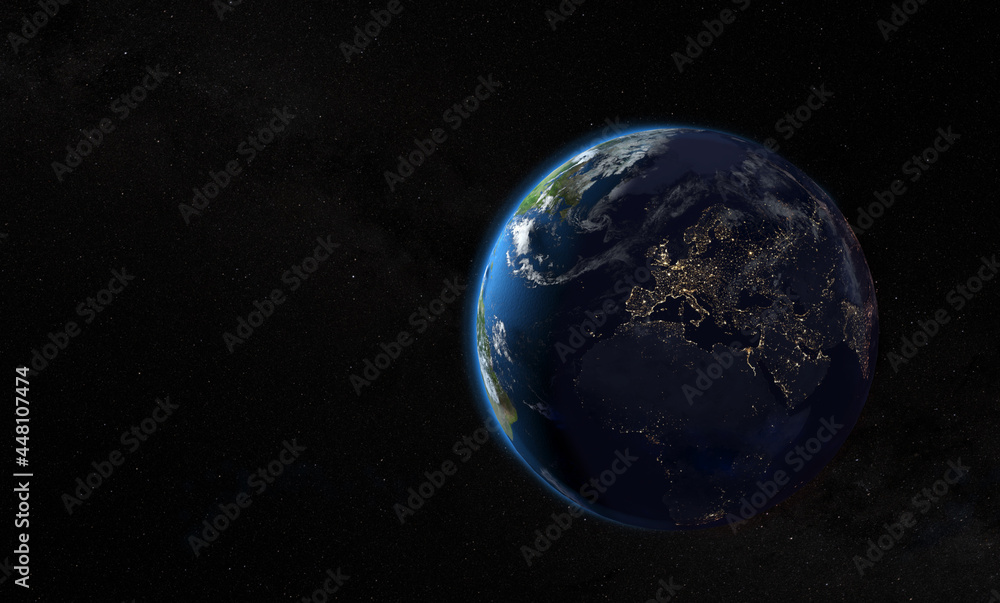 Planète Terre vue depuis l'espace avec lumière des villes - Rendu 3D - Textures de la Nasa