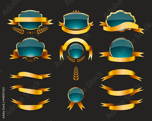 Set of retro vintage banners. Golden shields, ribbons, laurel branches and badges of the color of turkiz. Color vector illustration. photo