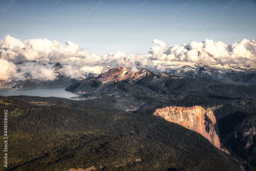 Aerial View from Airplane of Canadian Mountain Landscape. Sunny Summer Clouds. Garibaldi between Squamish and Whistler, North of Vancouver, BC, Canada. Moody Render