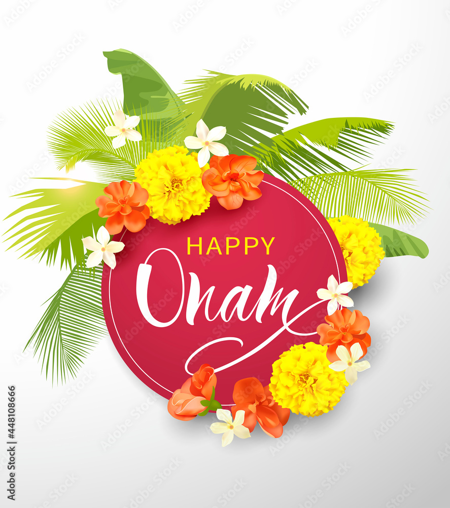 Happy Onam background with pookolam (floral border) and lettering for South  India harvest festival. Vector illustration. Stock Vector | Adobe Stock