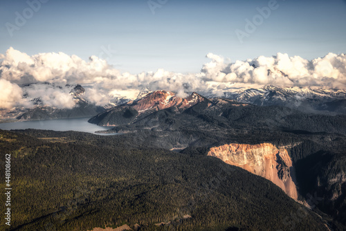 Aerial View from Airplane of Canadian Mountain Landscape. Sunny Summer Clouds. Garibaldi between Squamish and Whistler, North of Vancouver, BC, Canada. Moody Render © edb3_16