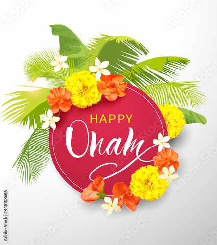 Happy Onam background with pookolam (floral border) and lettering for South India harvest festival. Vector illustration.