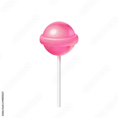 Realistic spherical shiny lollipop illustration. Vector isolated pink glossy candy on a stick icon