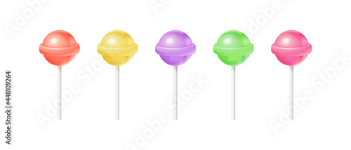 Vector realistic three-dimensional bright lollipops set. Isolated multicolored round candies clipart on sticks on white background