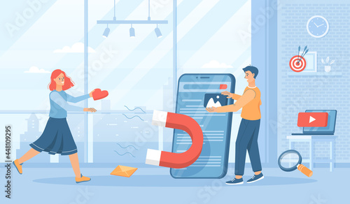 Inbound Marketing. Strategy attracting customers with useful content adapted to user requests. Flat cartoon vector illustration with people characters for banner, website design, landing web page.