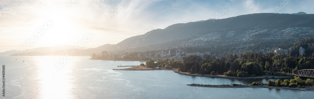West Vancouver, British Columbia, Canada. Aerial Panoramic View of a modern cityscape on the Pacific Ocean Coast. Summer sunny Sunset Sky Art Render.