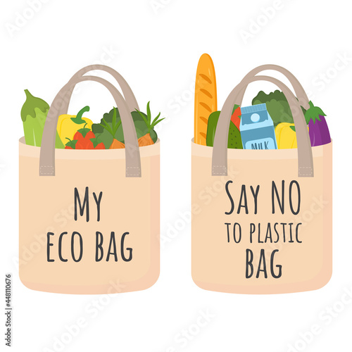 Fresh fruits, vegetables and products buying. Ecology friendly shopping. Say no to plastic bag, use eco bag. Products in textile reusable shopping bag isolated on white. Zero waste, plastic free.