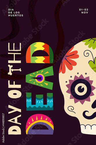 Mexican Day of the Dead party poster. Dia de Los Muertos national Mexico festival greeting card. Colourful lettering and skull on Latin America holiday banner. Traditional november carnival eps design