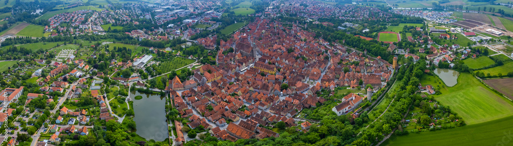 Aerial view of the city Dinkelsbühl in Germany, Bavaria on a sunny day in Spring