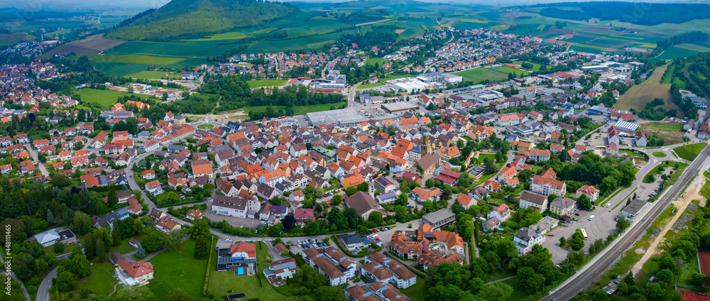 Aerial view around the city Bopfingen in Germany, on a sunny day in Spring