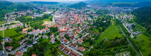 Aerial view around the city Bopfingen in Germany, on a sunny day in Spring