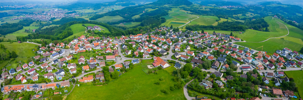 Aerial view of the village Rechberg and castle Burg Hohenrechberg in Germany, Bavaria on a sunny day in Spring