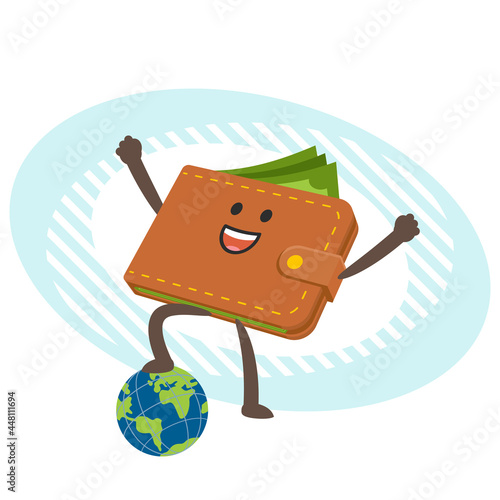 Cartoon Wallet Character keeping his foot above the planet