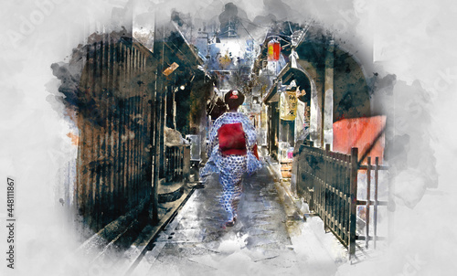 Valokuva Digital watercolor painting of beautiful image view of Maiko geisha walking on a