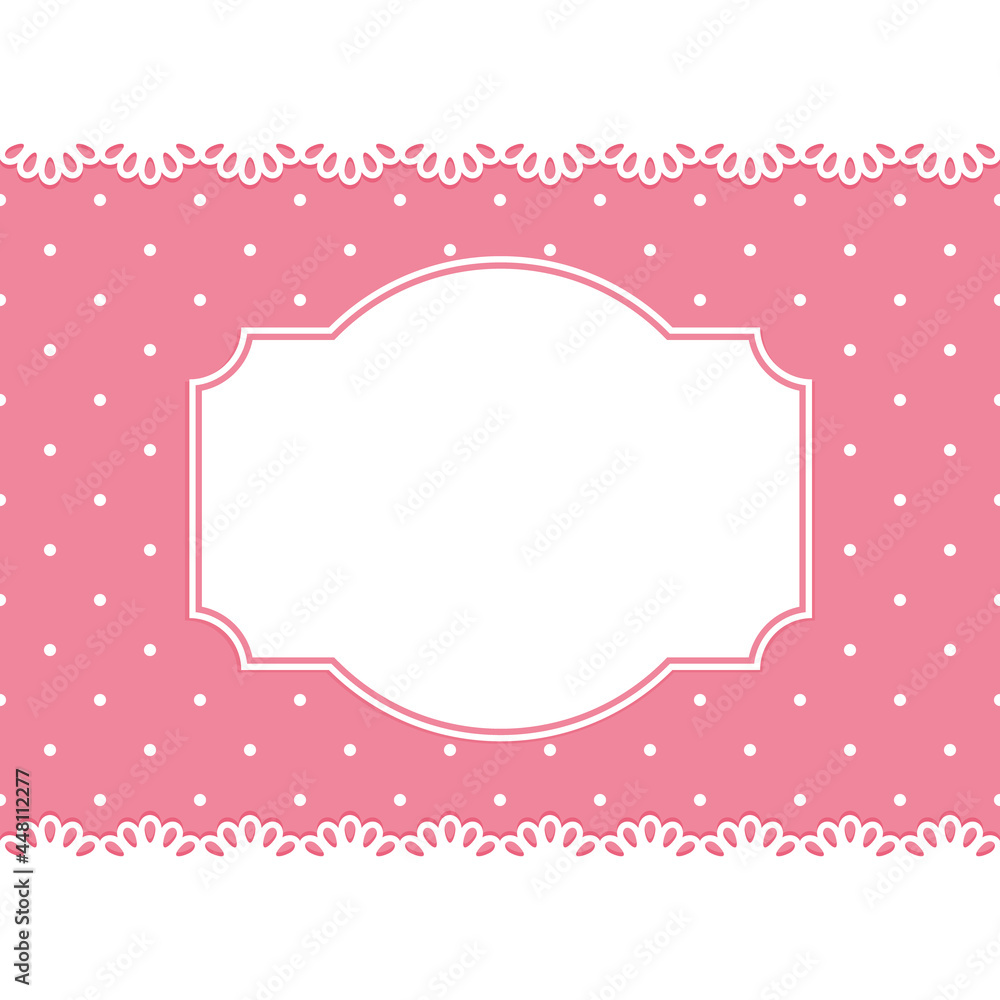 white label and lace on a pink polka dot background.